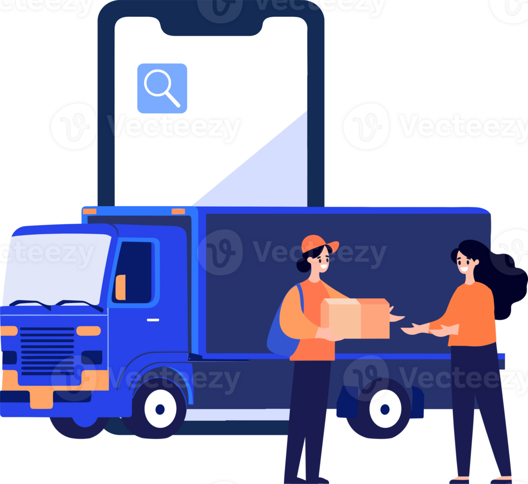 Hand Drawn Delivery man character with truck In the concept of online delivery in flat style png