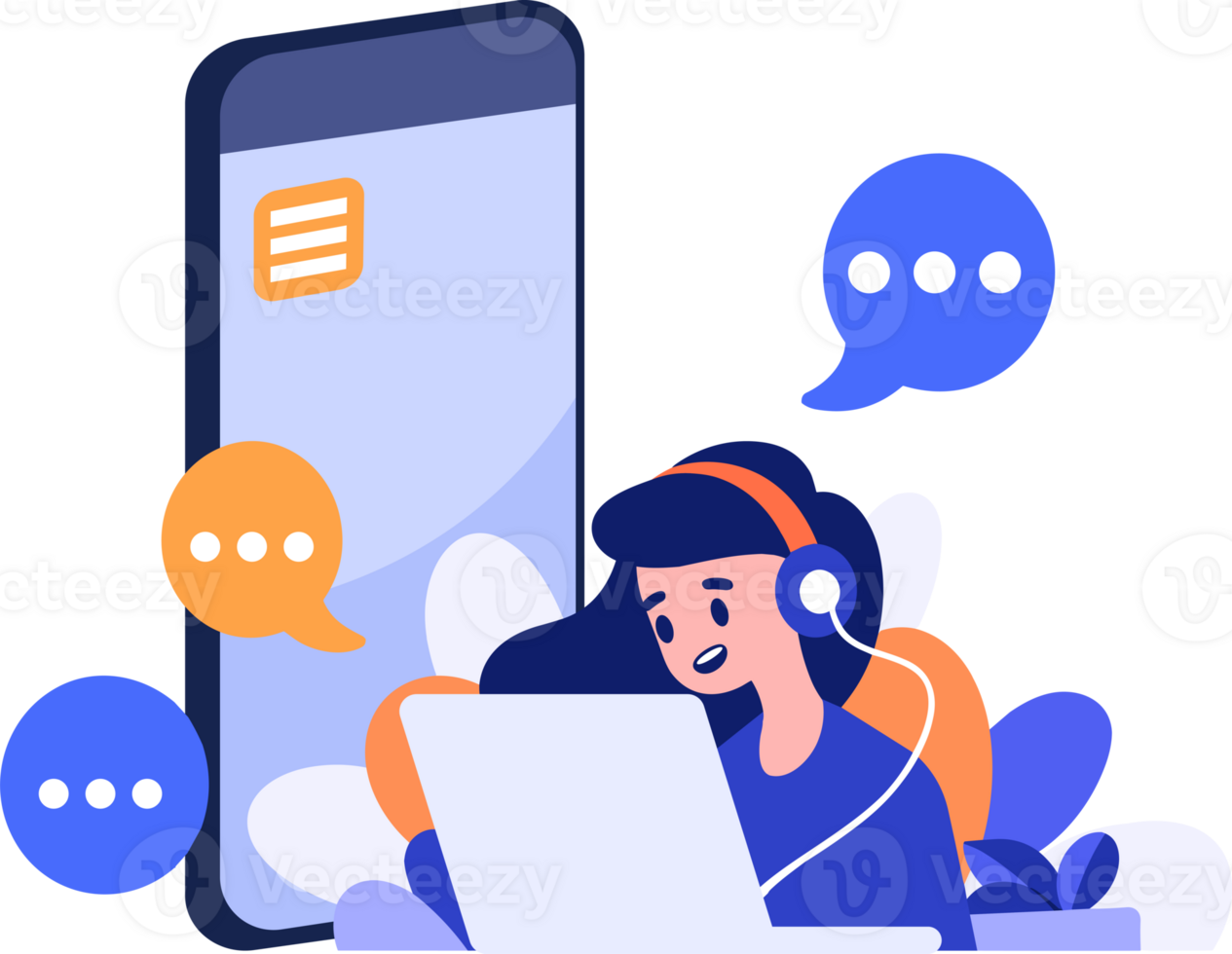 Hand Drawn Call center characters with smartphones in the concept of online support in flat style png