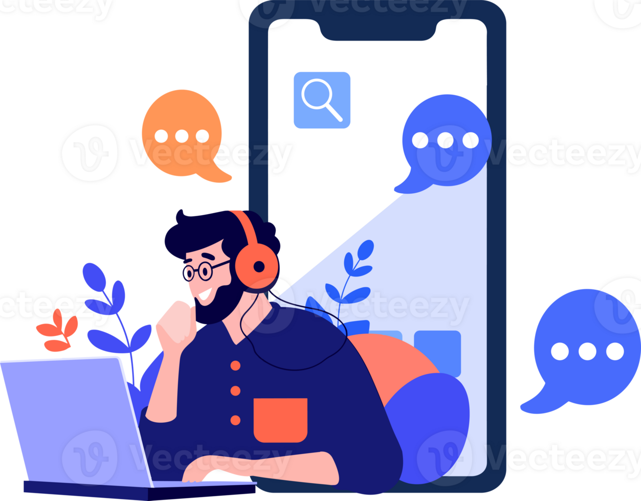 Hand Drawn Call center characters with smartphones in the concept of online support in flat style png