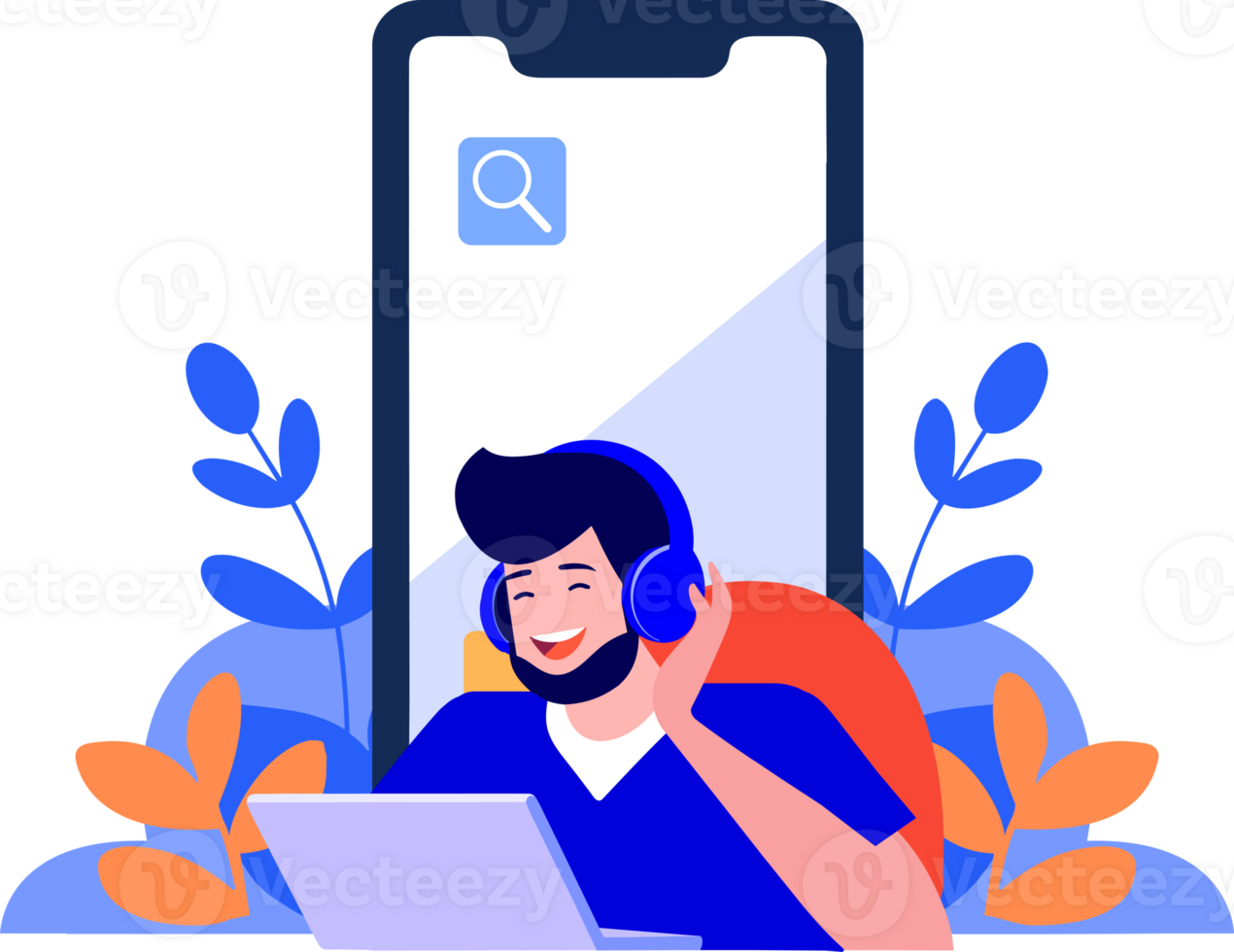 Hand Drawn Call center characters with smartphones in the concept of online support in flat style png