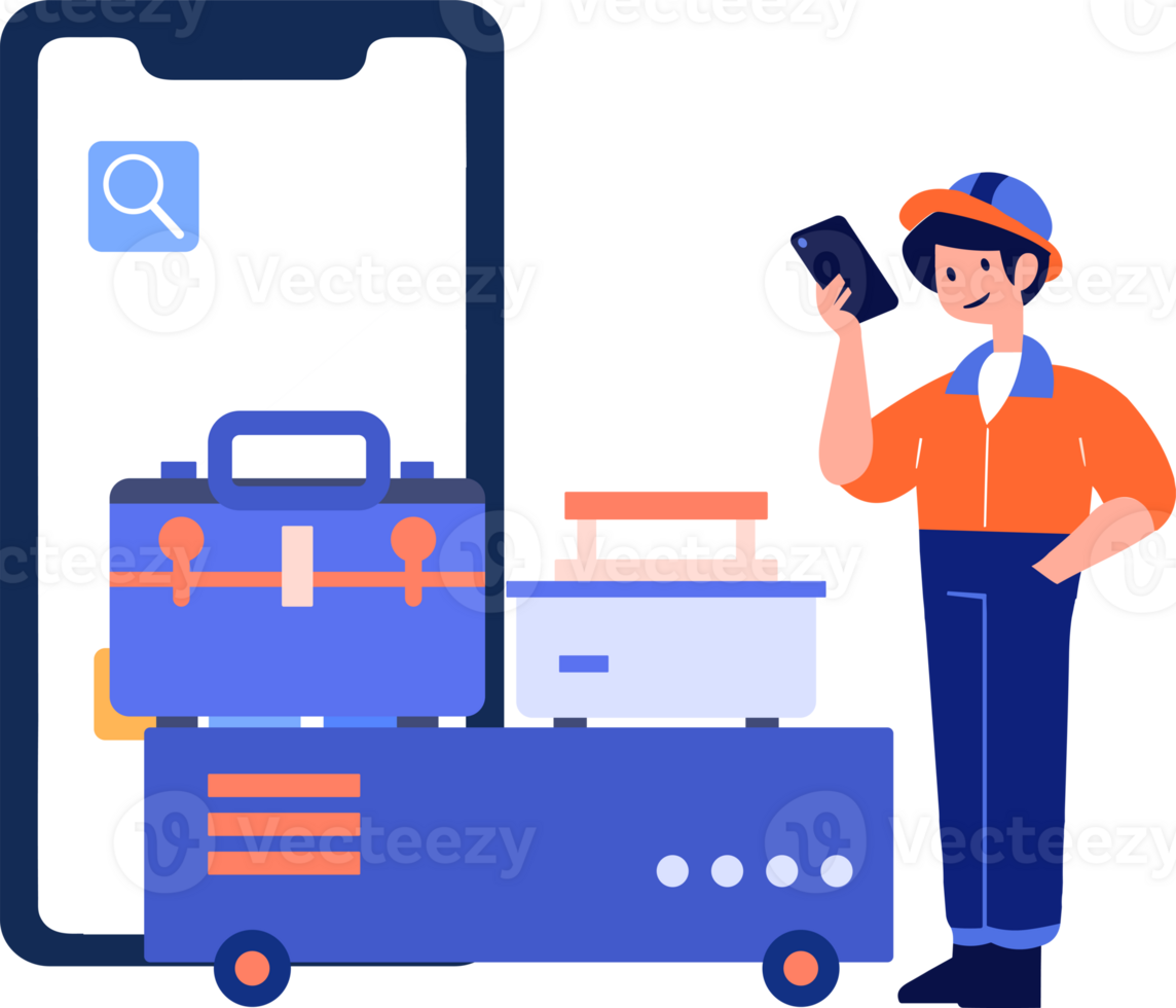 hand- getrokken ingenieur of klusjesman karakter met smartphone in online reparatie concept in vlak stijl png