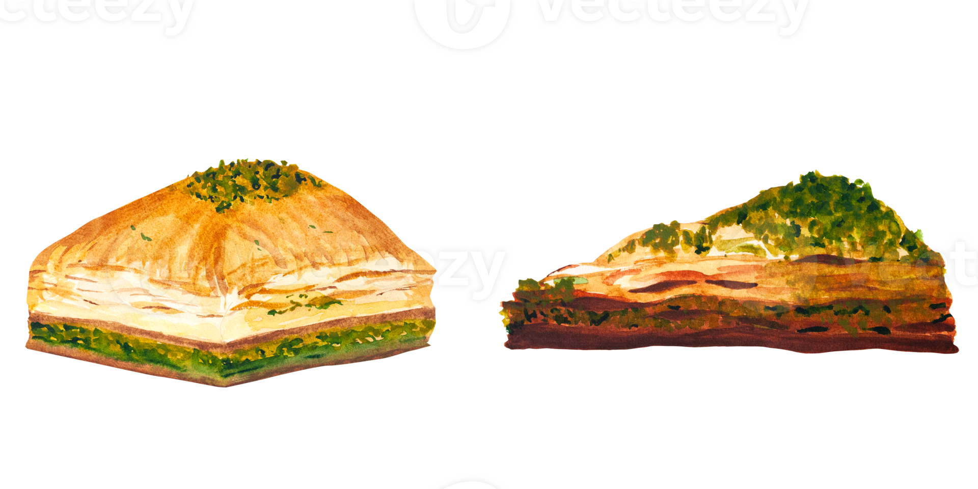 turkiska sötsaker, desserter. vattenfärg illustrationer av mat. baklava på en transparent bakgrund. kan vara Begagnade för din design kort, affischer, grafik png