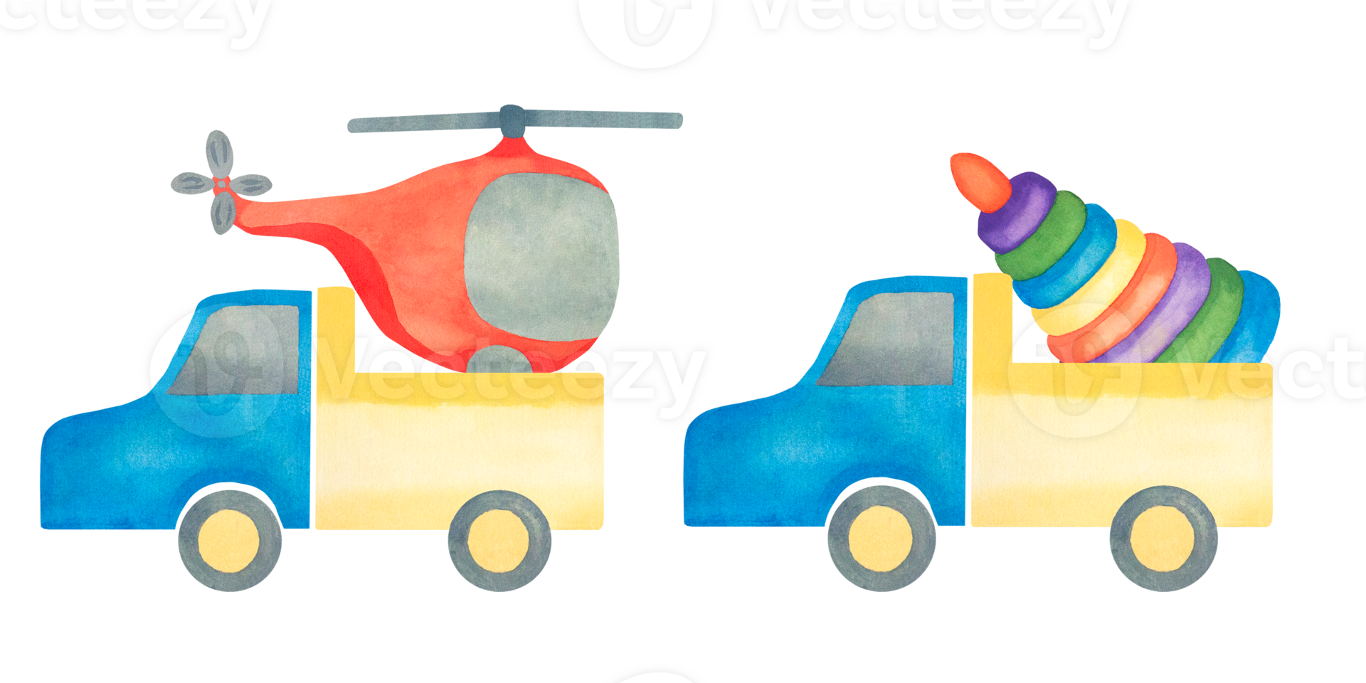 Kids toys. Watercolor illustration of a truck with a pyramid and a helicopter on a transparent background. Illustration for children png