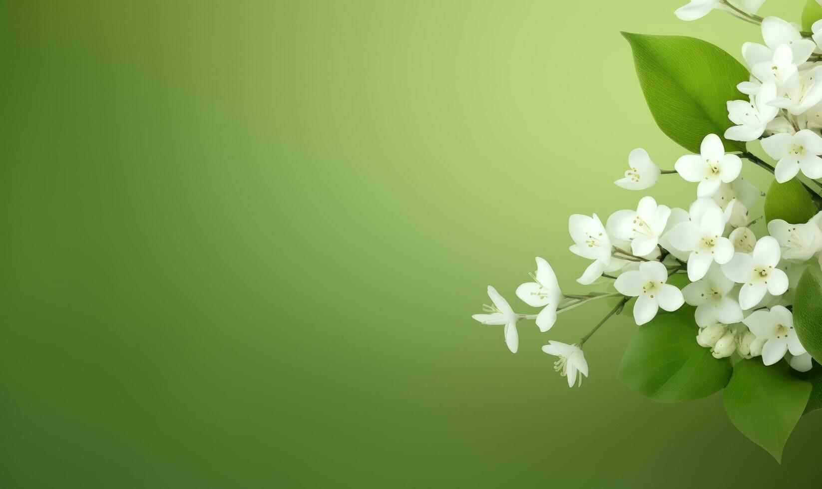 encantador primavera flores y hojas en lado de el verde antecedentes con Copiar espacio ai generado foto