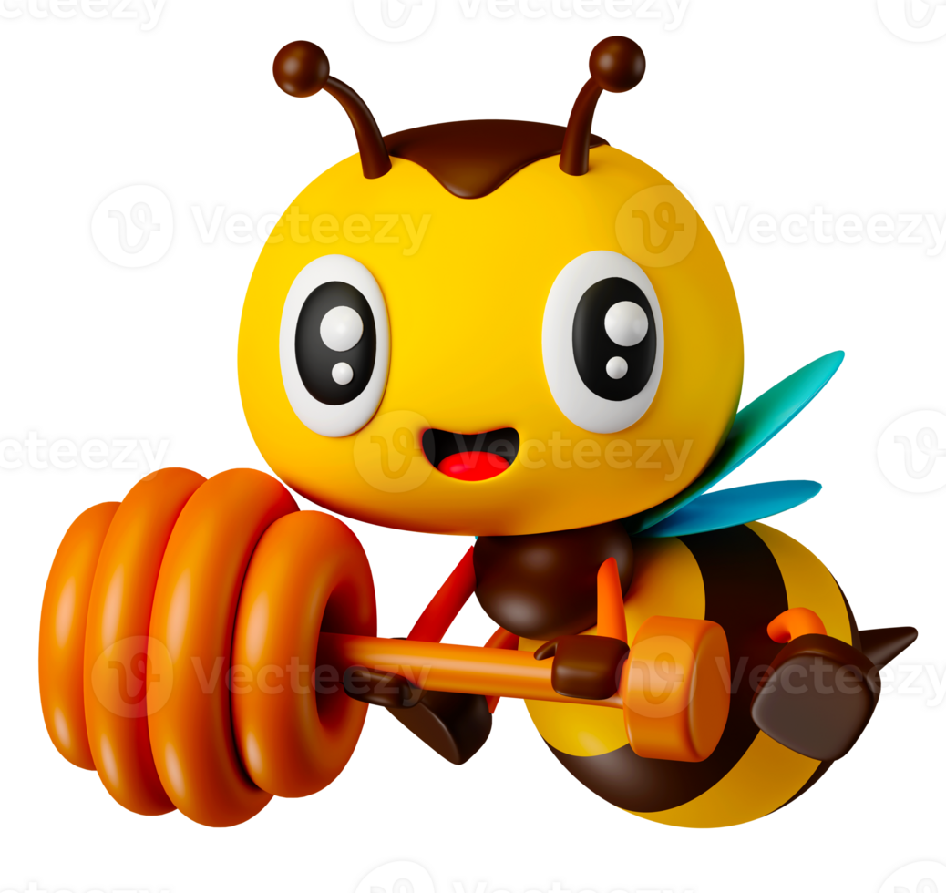 3D rendering cartoon honey bee holding wooden honey dipper. 3D bee character illustration png