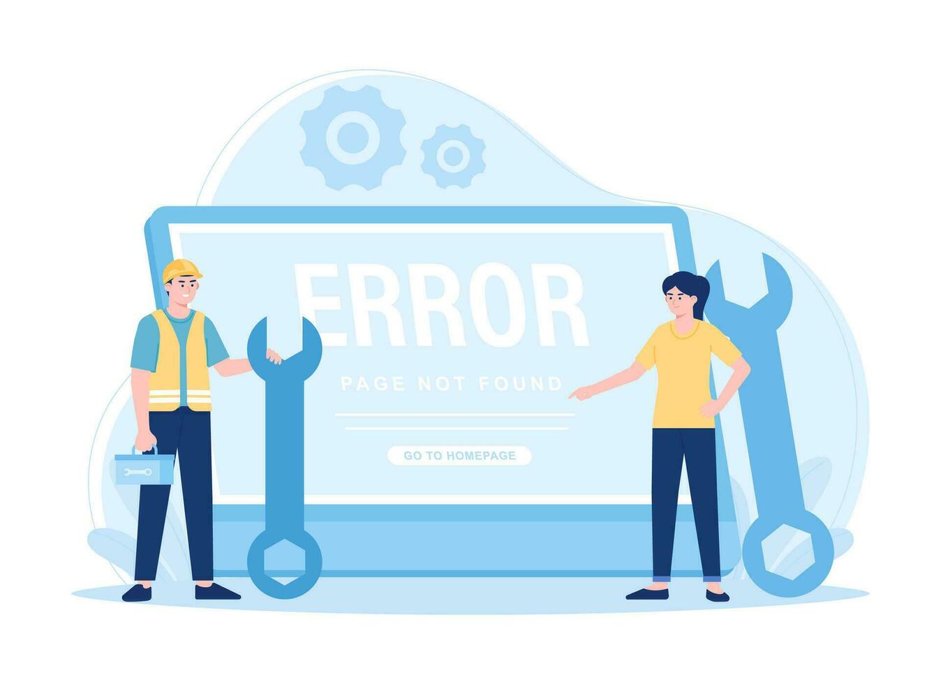Repair services with technical and laptop support technicians concept flat illustration vector