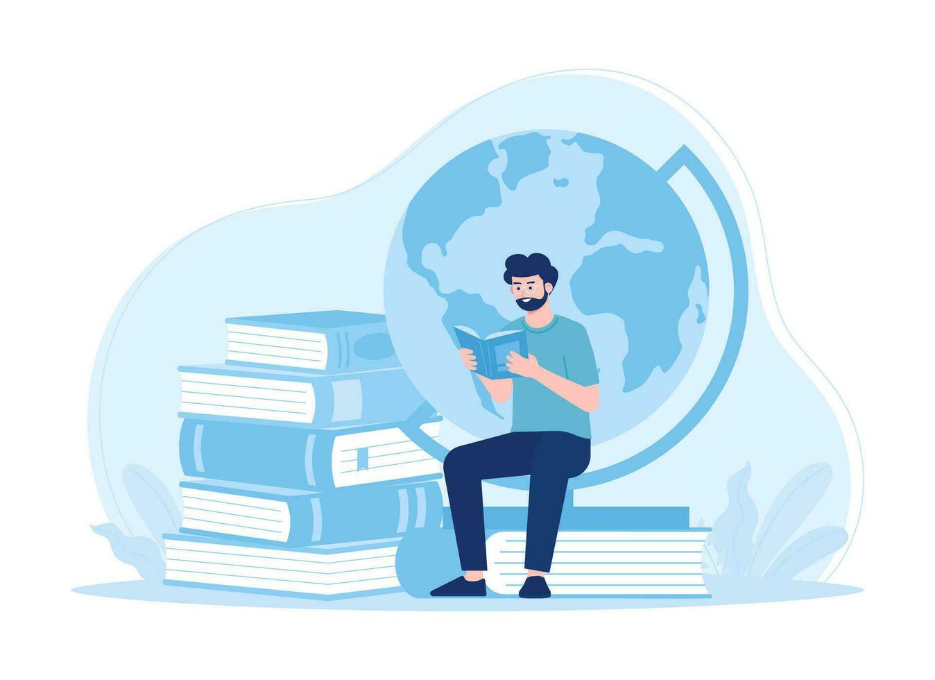 A man reading a book in the world of global education concept flat illustration vector
