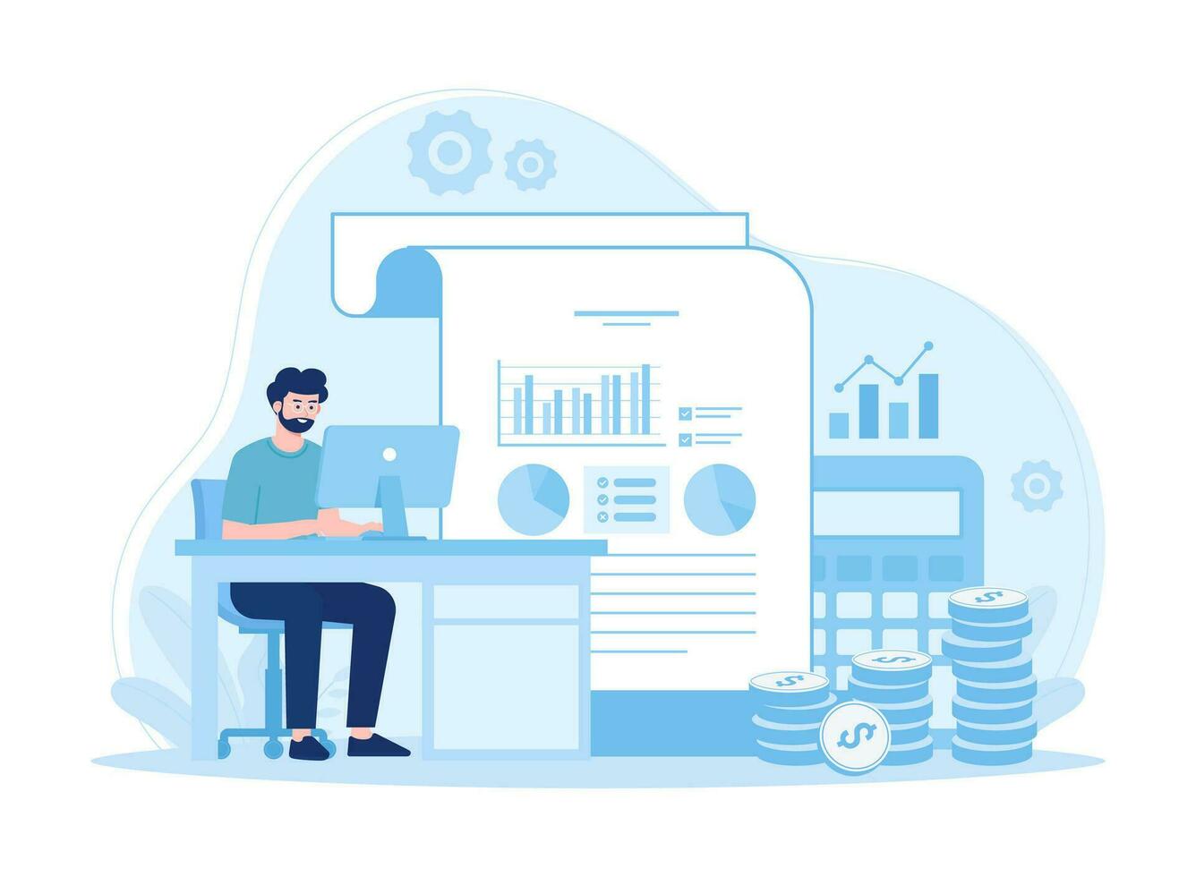 A person works on a work project at a desk using a computer concept flat illustration vector