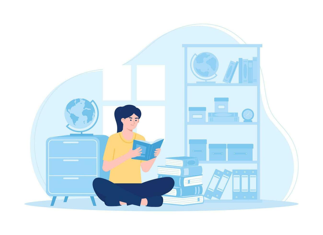 A woman reading a book and a globe concept flat illustration vector