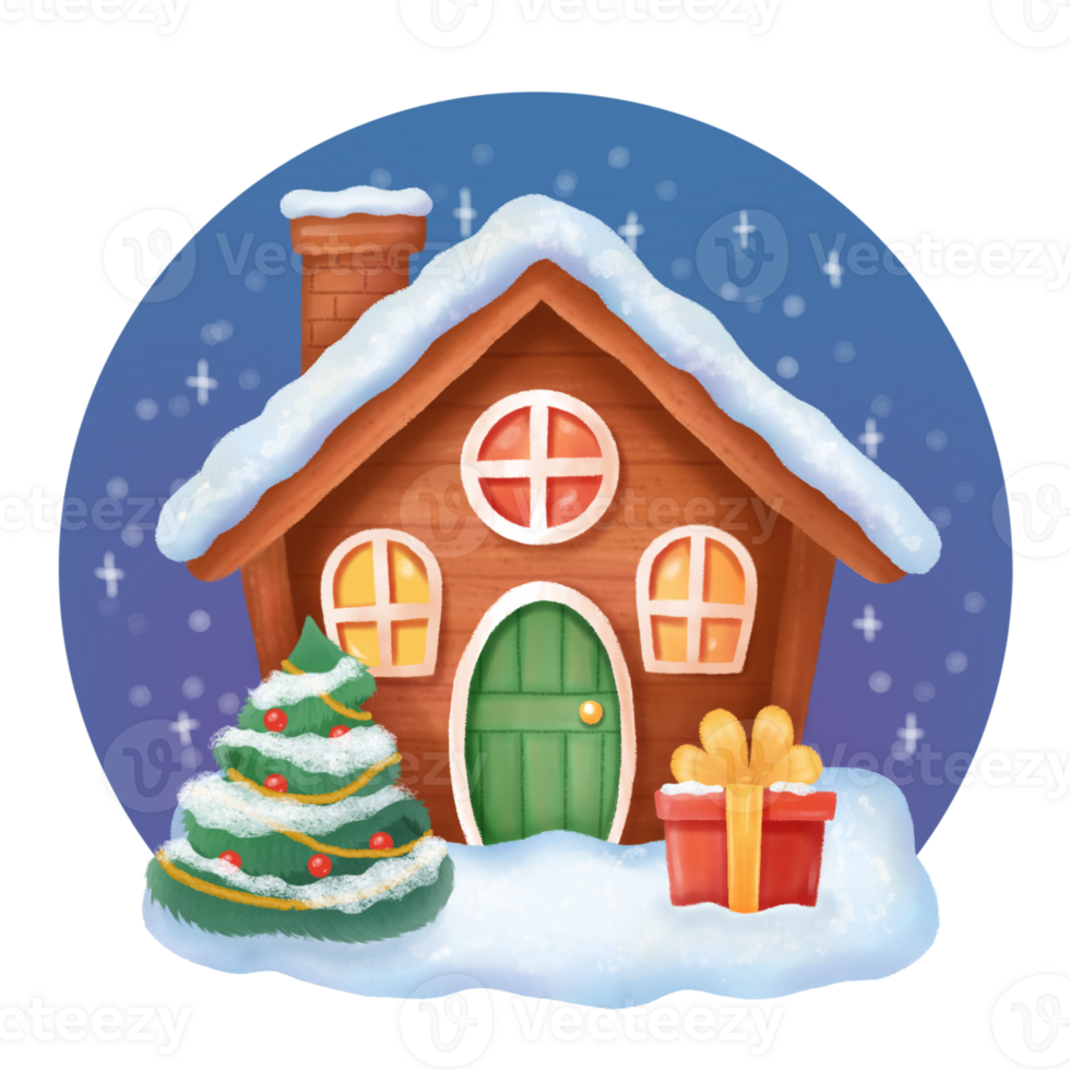 fantastisk magi hus i de snö, en grön jul träd och en gåva. ny år vinter- illustration. digital vattenfärg. hög kvalitet Foto png