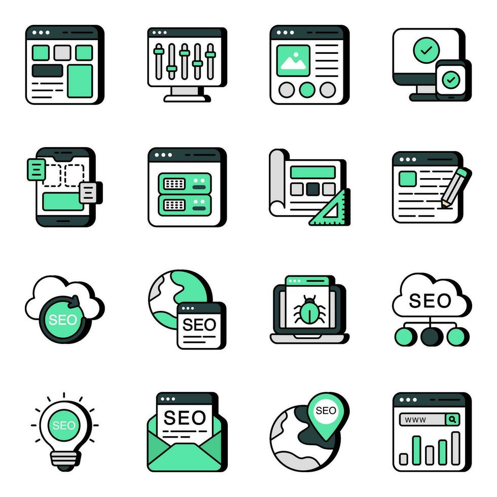 paquete de iconos planos de optimización de motores de búsqueda vector