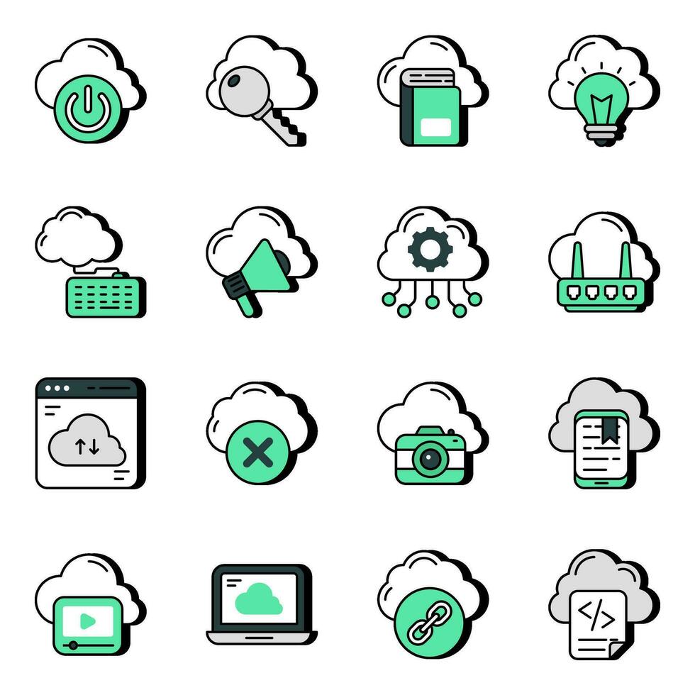 paquete de iconos planos de alojamiento en la nube vector