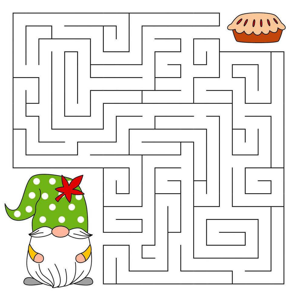 Thanksgiving day maze game for kids. Cute gnome looking for a way to the pumpkin pie. Happy thanksgiving. Doodle cartoon style. Printable worksheet. Vector cartoon illustration for print.