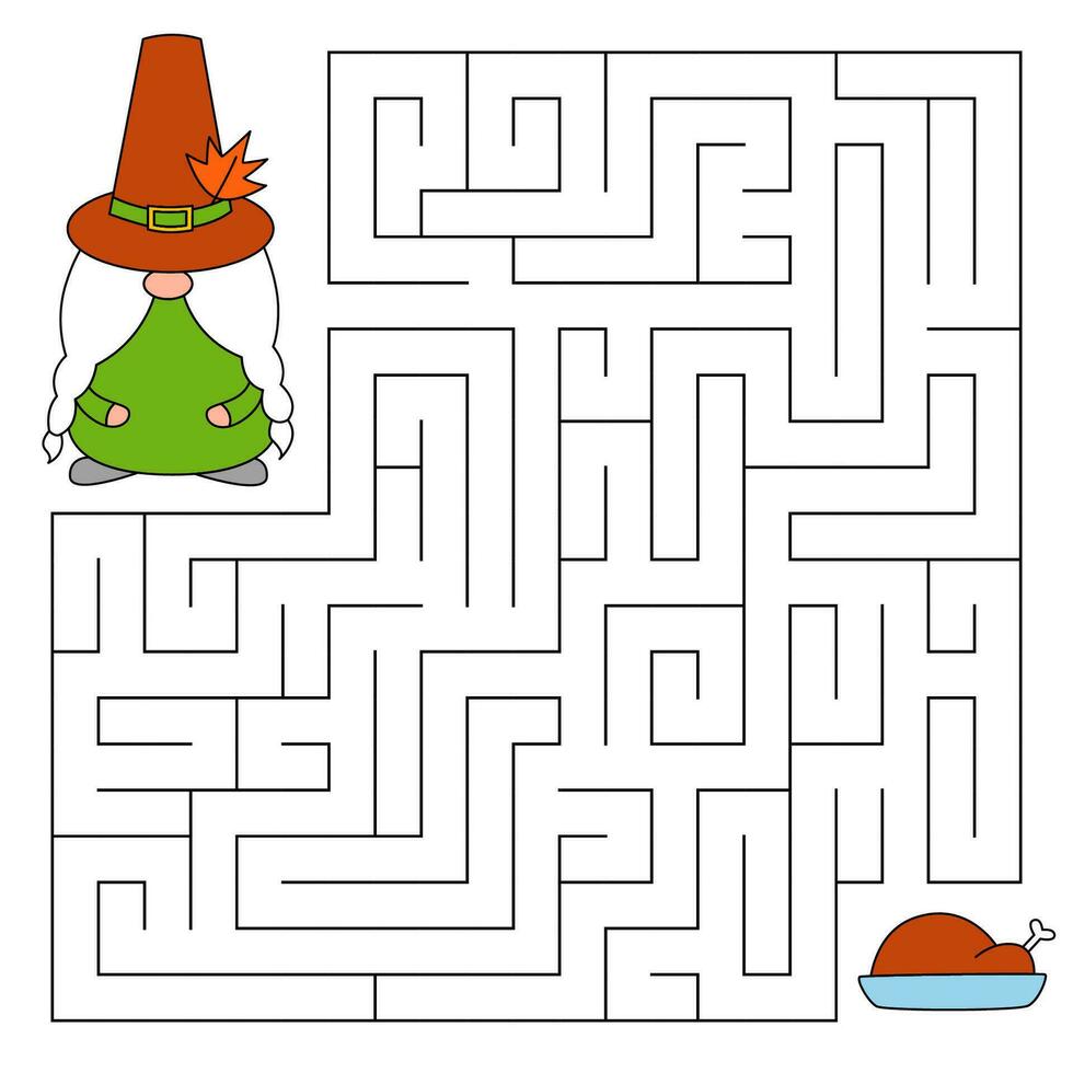 Thanksgiving day maze game for kids. Cute gnome looking for a way to the turkey. Happy thanksgiving. Doodle cartoon style. Printable worksheet. Vector cartoon illustration for print.