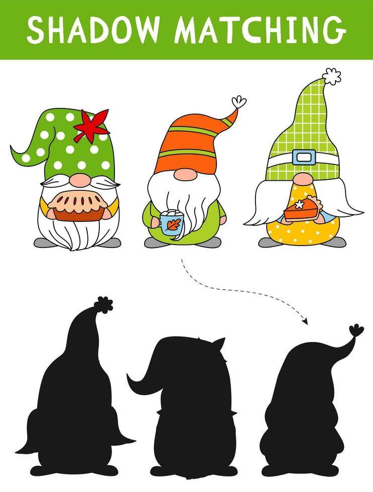 Cute gnomes for Thanksgiving day. Shadow matching activity for children. Simple educational game for kids with leaves. Find the correct silhouette printable worksheet. vector