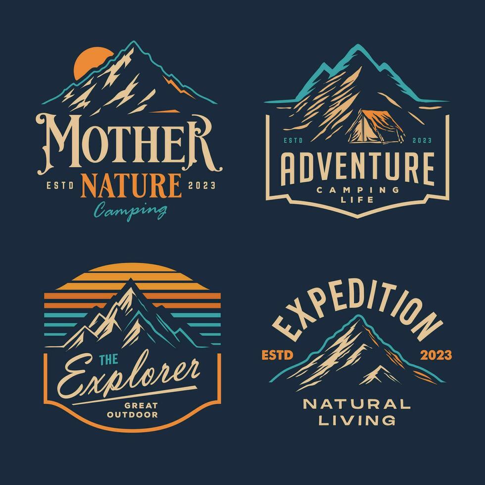 Collection of Mountain Peak Landscape Outdoor Silhouette Label Logo Design. set of vintage adventure badge . Camping emblem logo with mountain illustration in retro hipster style vector