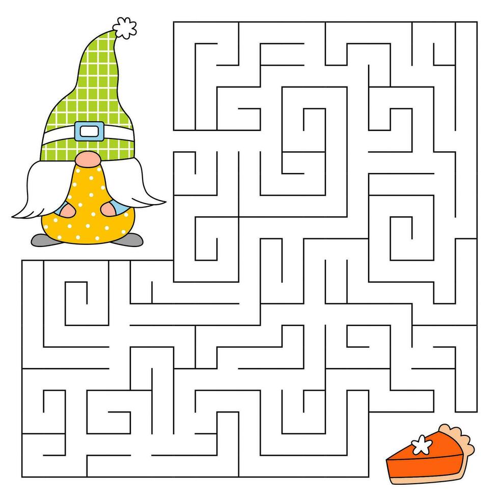 Thanksgiving day maze game for kids. Cute gnome looking for a way to the pumpkin pie. Happy thanksgiving. Doodle cartoon style. Printable worksheet. Vector cartoon illustration for print.