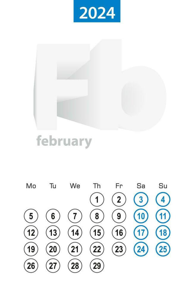 Calendar for February 2024, blue circle design. English language, week starts on Monday. vector