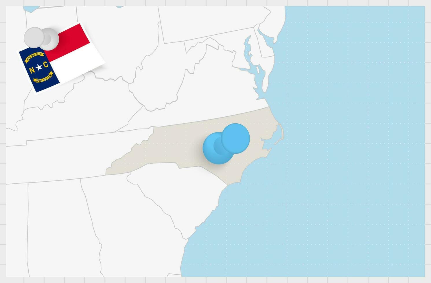 Map of North Carolina with a pinned blue pin. Pinned flag of North Carolina. vector
