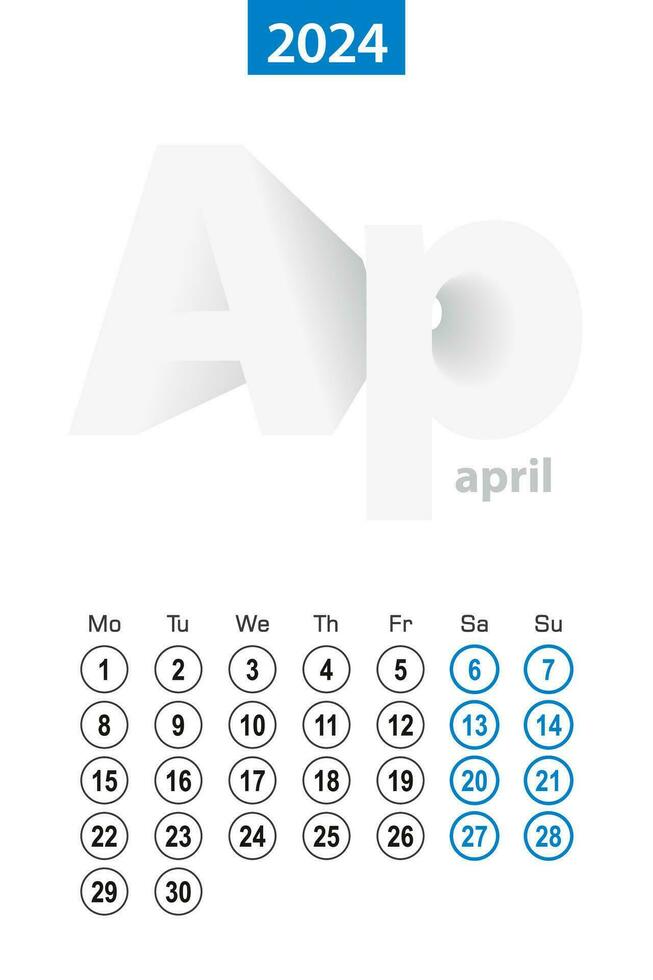 Calendar for April 2024, blue circle design. English language, week starts on Monday. vector