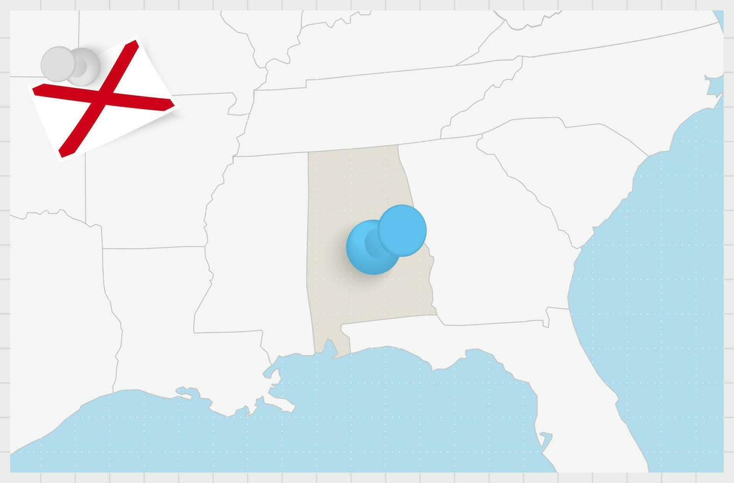 mapa de Alabama con un clavado azul alfiler. clavado bandera de Alabama. vector