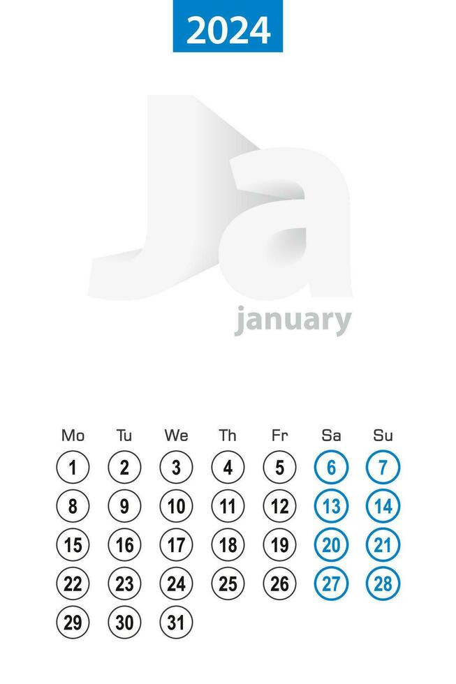 Calendar for January 2024, blue circle design. English language, week starts on Monday. vector