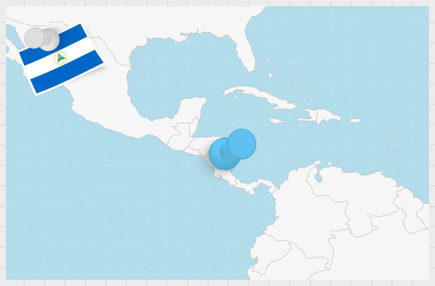 Map of Nicaragua with a pinned blue pin. Pinned flag of Nicaragua. vector
