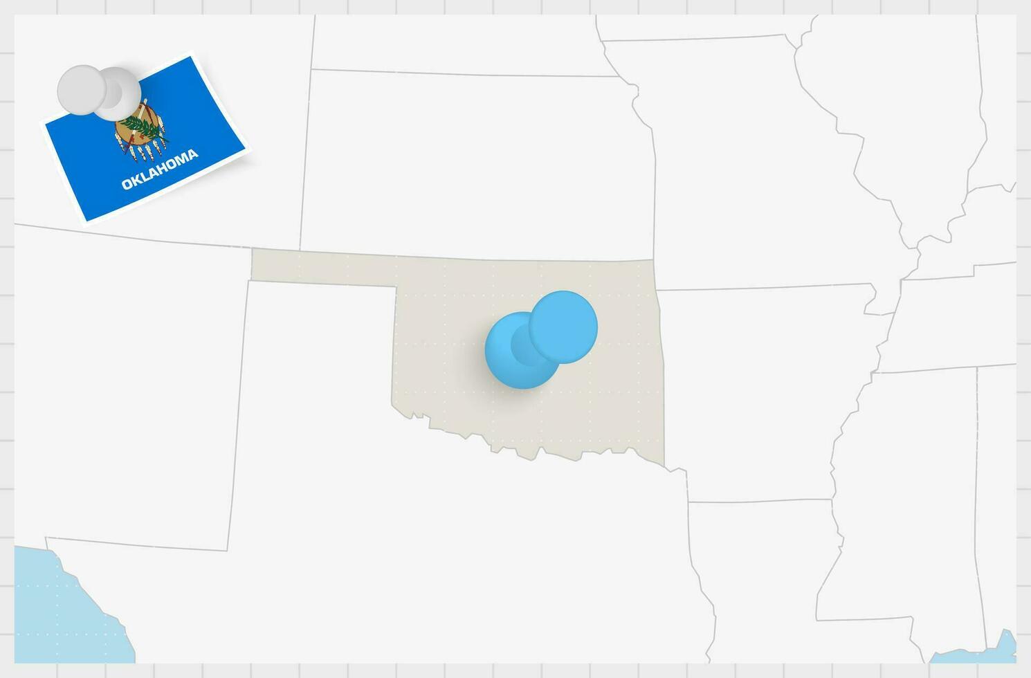 Map of Oklahoma with a pinned blue pin. Pinned flag of Oklahoma. vector