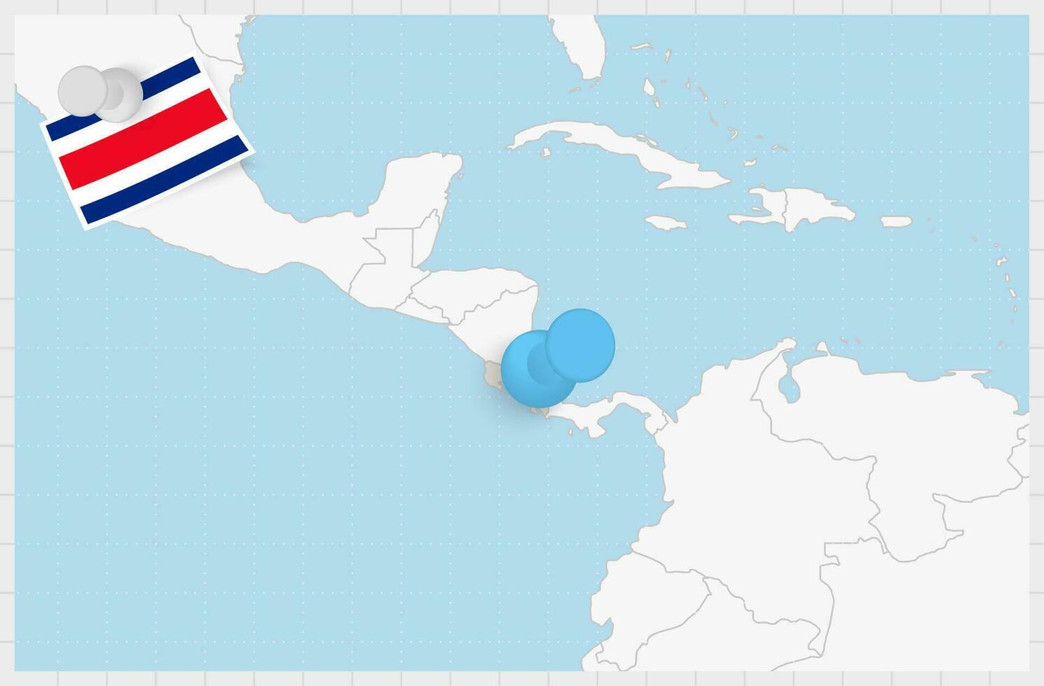 mapa de costa rica con un clavado azul alfiler. clavado bandera de costa rico vector