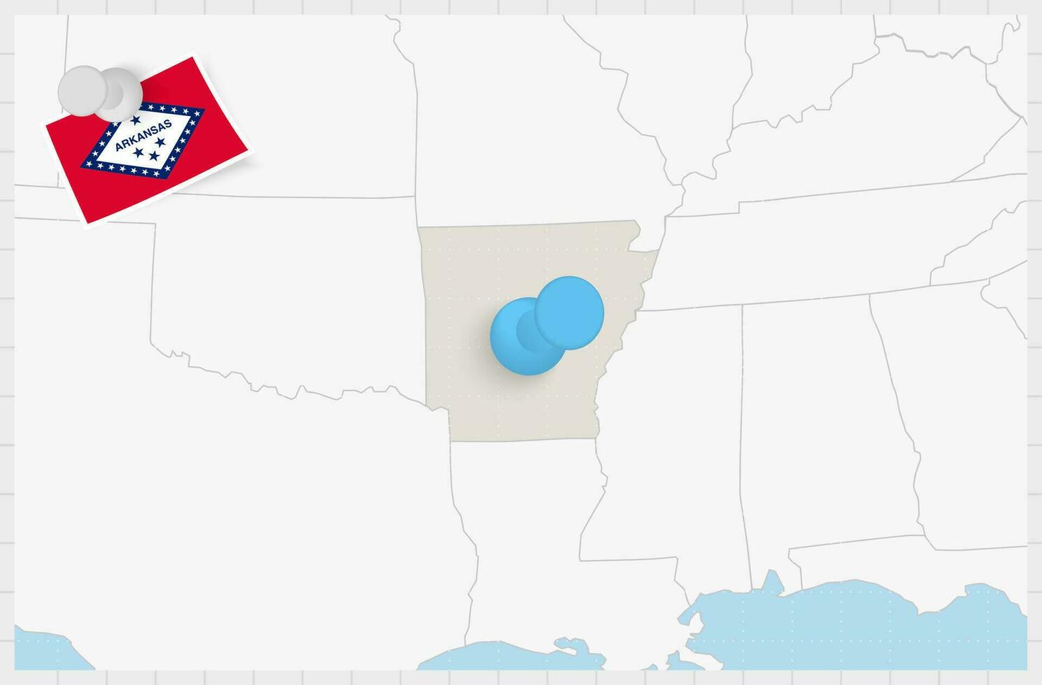 mapa de Arkansas con un clavado azul alfiler. clavado bandera de arkansas vector