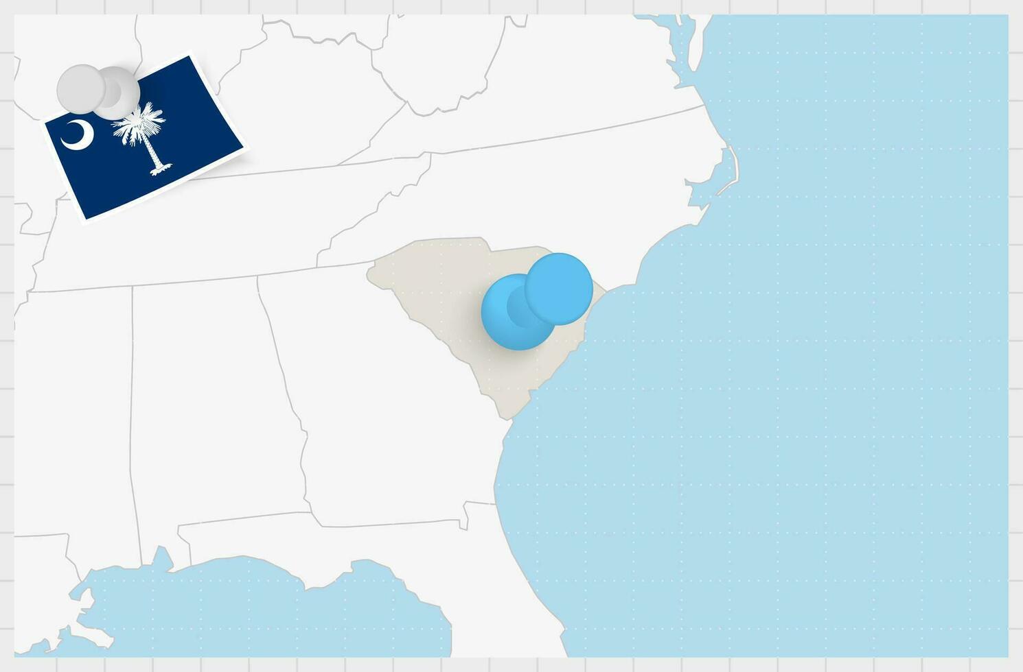 Map of South Carolina with a pinned blue pin. Pinned flag of South Carolina. vector