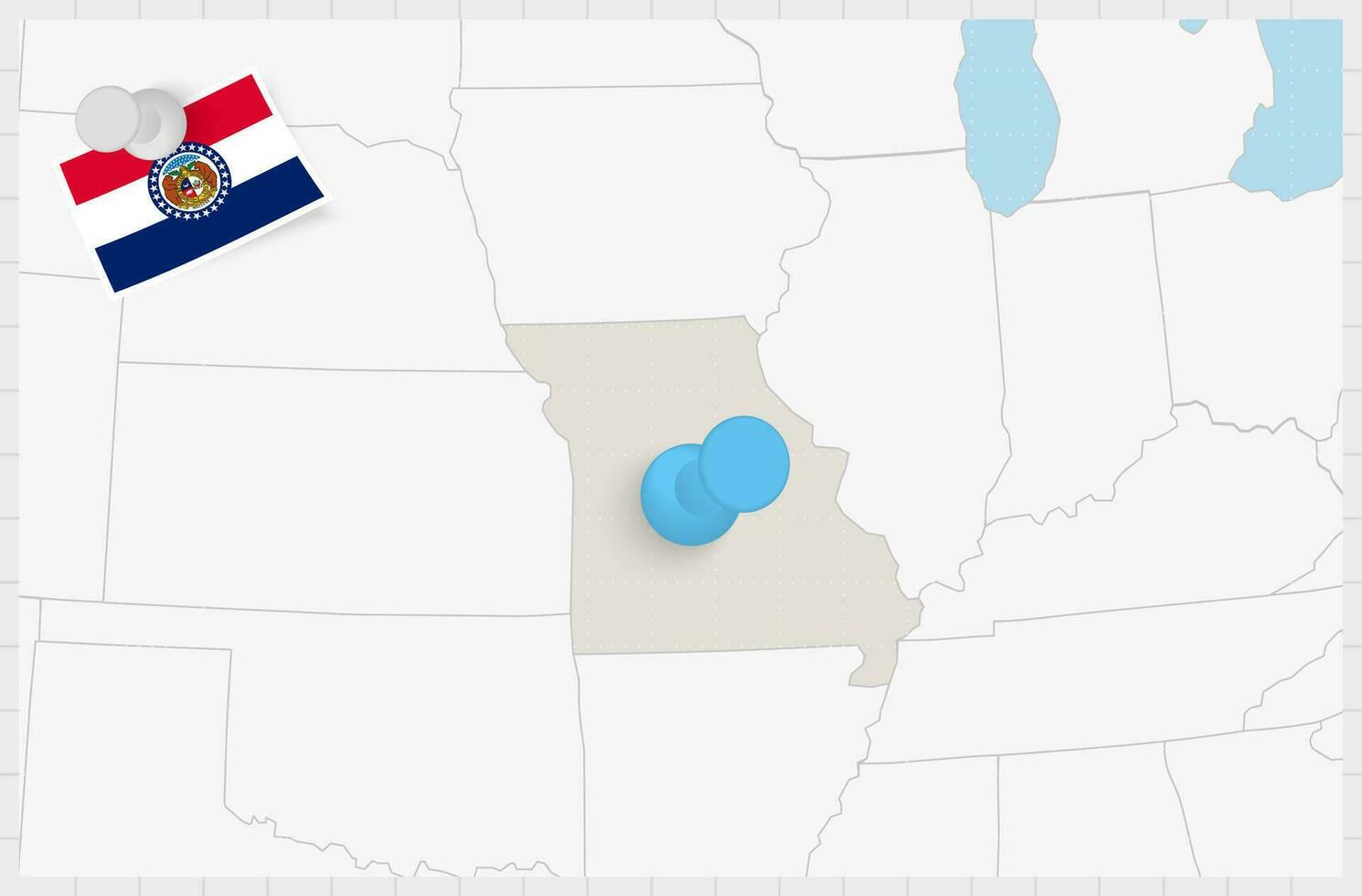 Map of Missouri with a pinned blue pin. Pinned flag of Missouri. vector