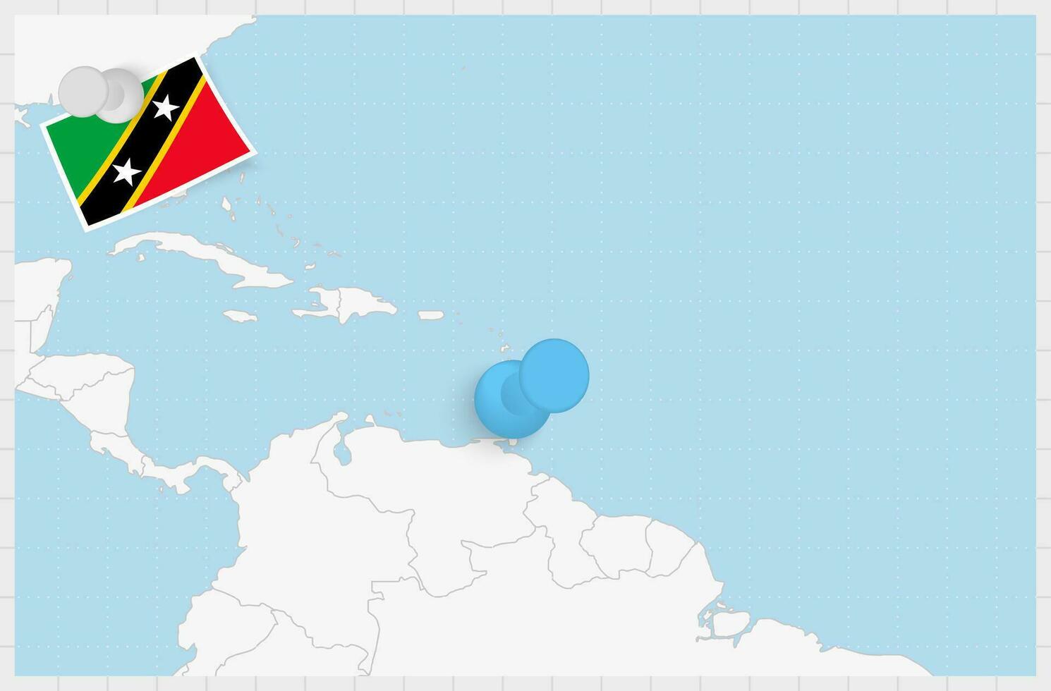 Map of Saint Kitts and Nevis with a pinned blue pin. Pinned flag of Saint Kitts and Nevis. vector