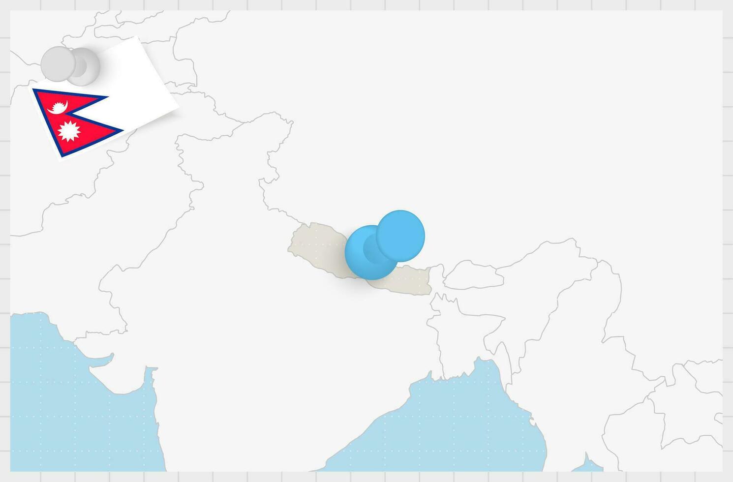 mapa de Nepal con un clavado azul alfiler. clavado bandera de Nepal. vector