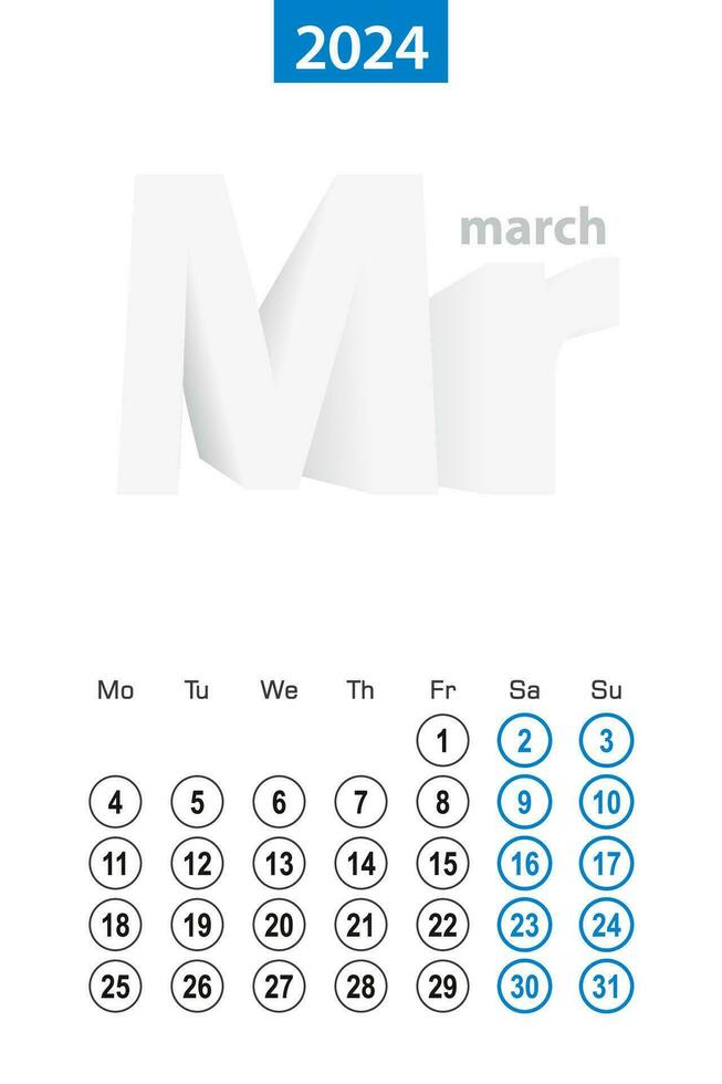 Calendar for March 2024, blue circle design. English language, week starts on Monday. vector