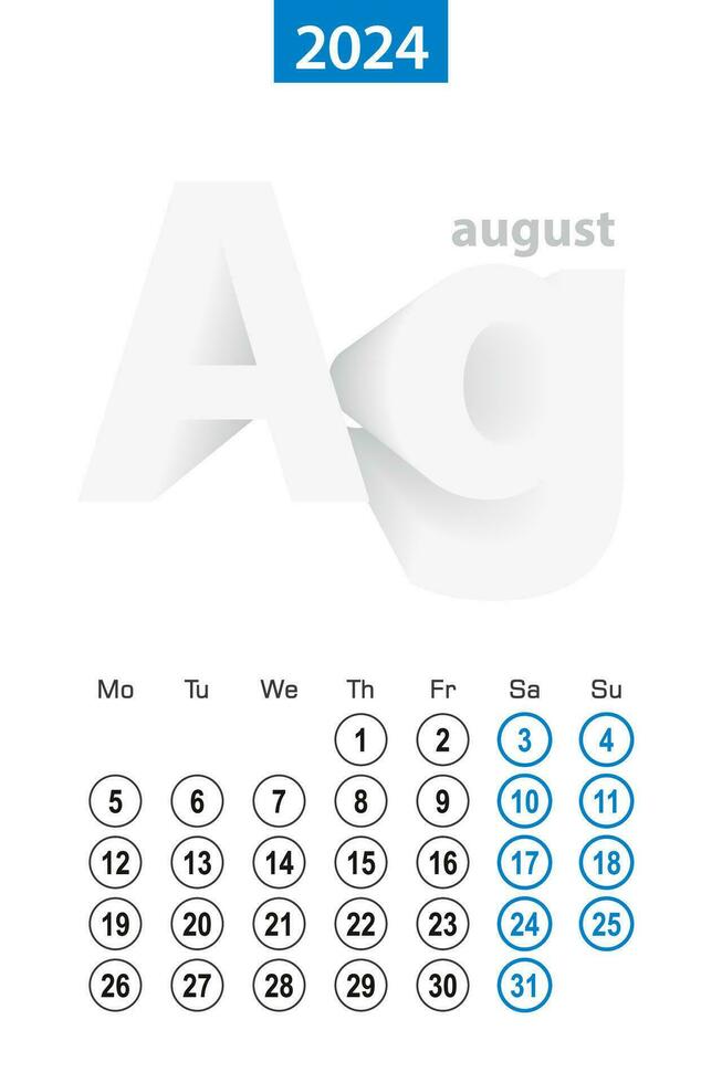 Calendar for August 2024, blue circle design. English language, week starts on Monday. vector