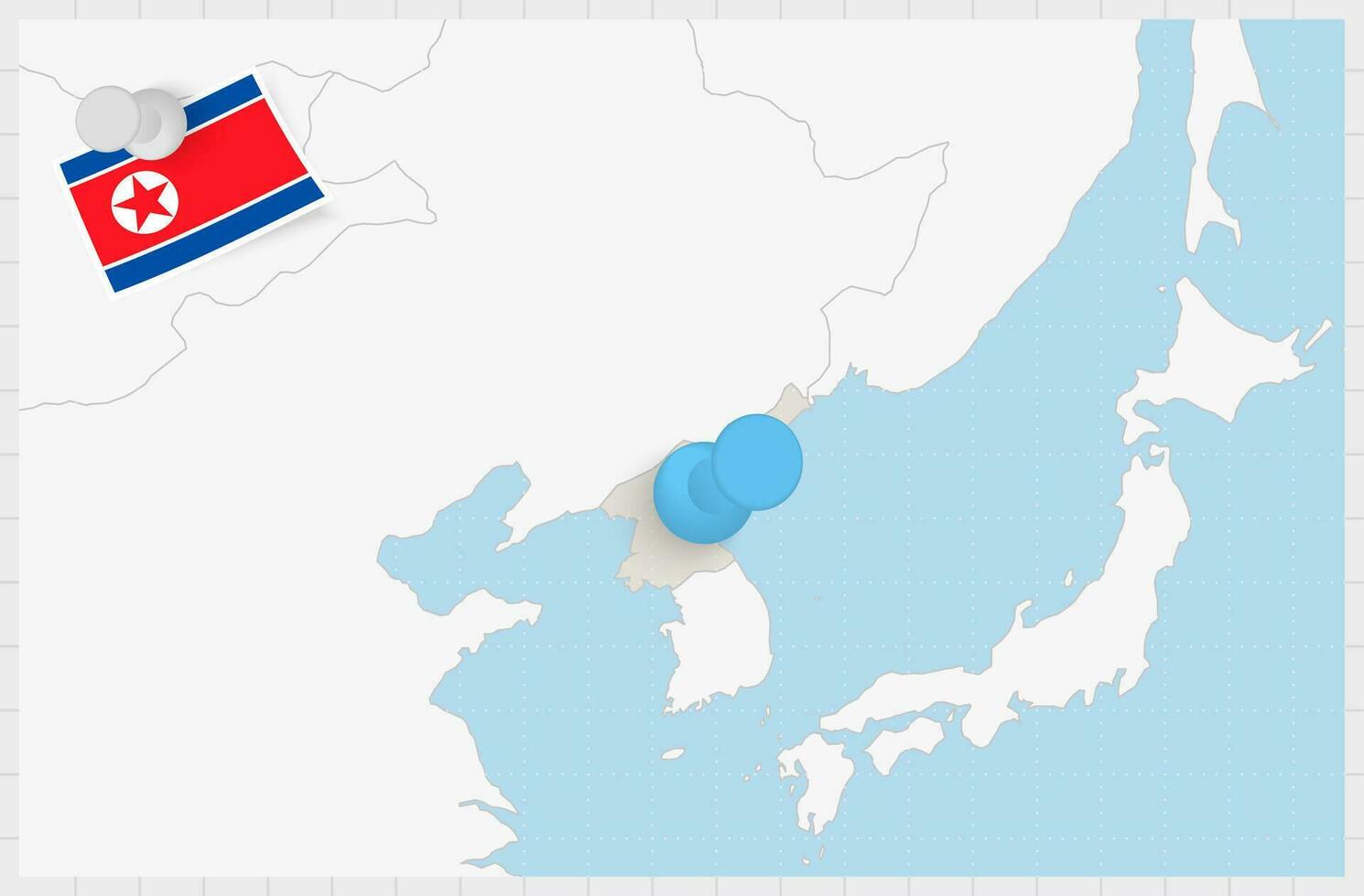 Map of North Korea with a pinned blue pin. Pinned flag of North Korea. vector