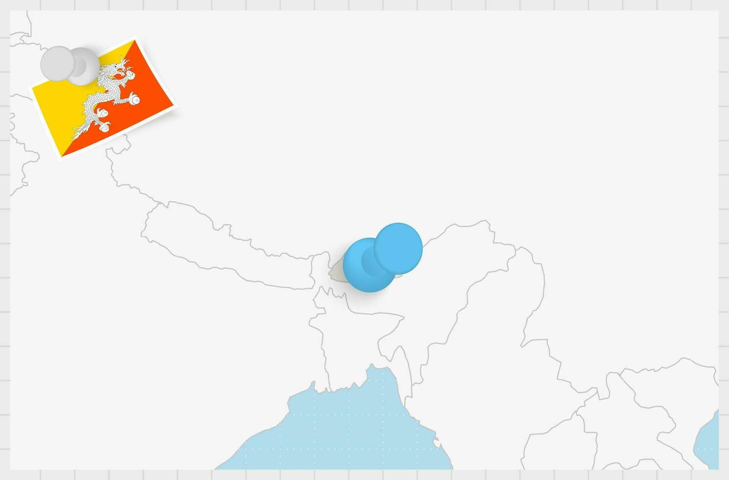 mapa de Bután con un clavado azul alfiler. clavado bandera de bután vector