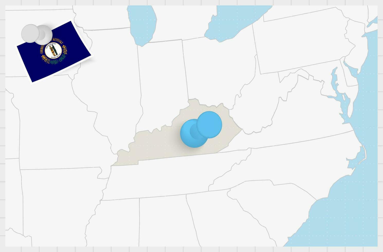 mapa de Kentucky con un clavado azul alfiler. clavado bandera de Kentucky. vector