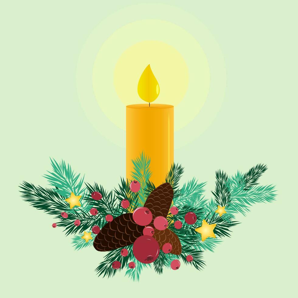 Christmas candle holders in spruce branches. Holiday decoration with brown pine trees, yellow stars and red berries on a green background. New Year. Christmas. Holiday. vector