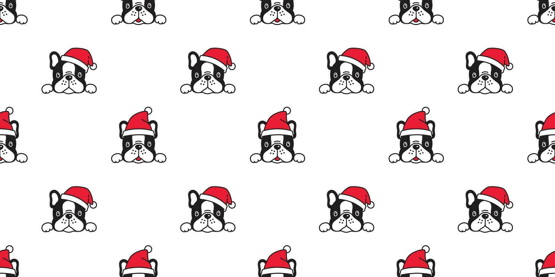 dog seamless pattern Christmas vector french bulldog Santa Claus hat scarf isolated cartoon repeat background tile wallpaper illustration design