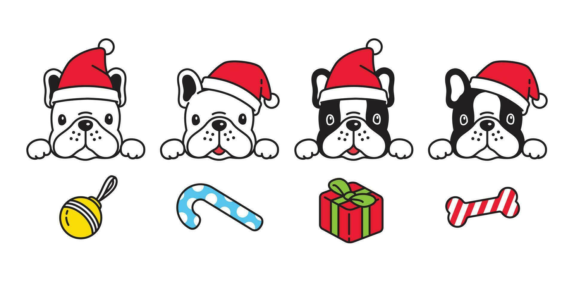 perro vector Navidad Papa Noel claus sombrero francés buldog perrito mascota icono personaje dibujos animados símbolo raza ilustración diseño