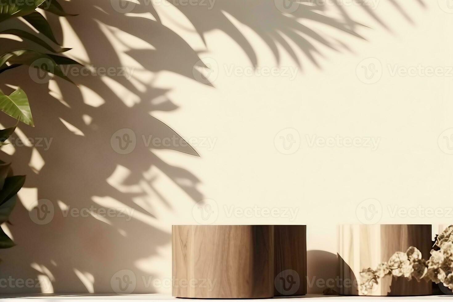 empty natural wooden log with wood grain podium for organic products overlay display under sunlight with foliage leaves shadow on beige wall in background. generative ai. photo