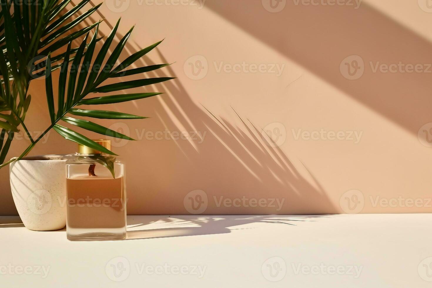 Minimal modern product display on textured beige background with palm shadows overlay. generative ai. photo