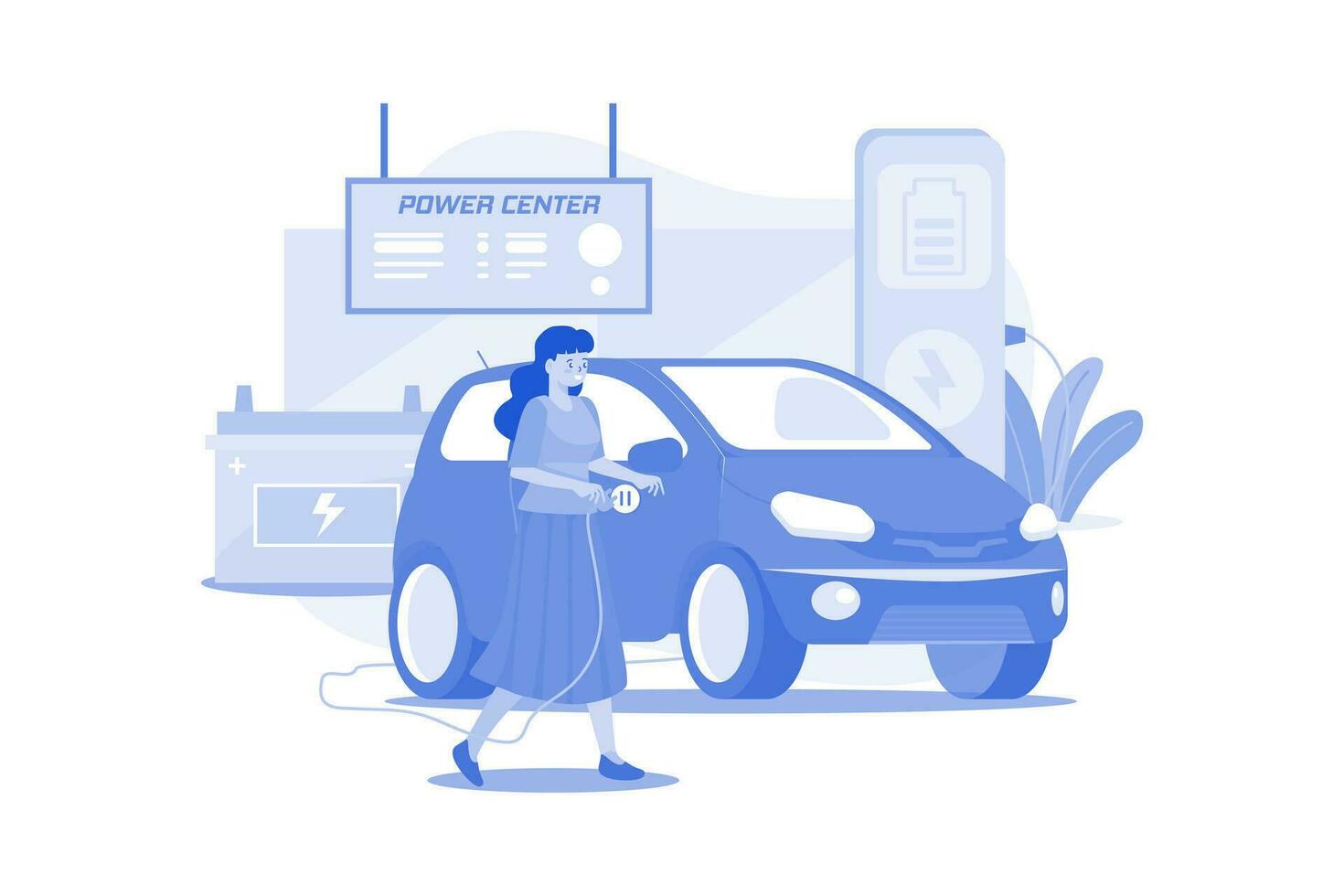 Woman Charges Electric Car At The Power Center vector