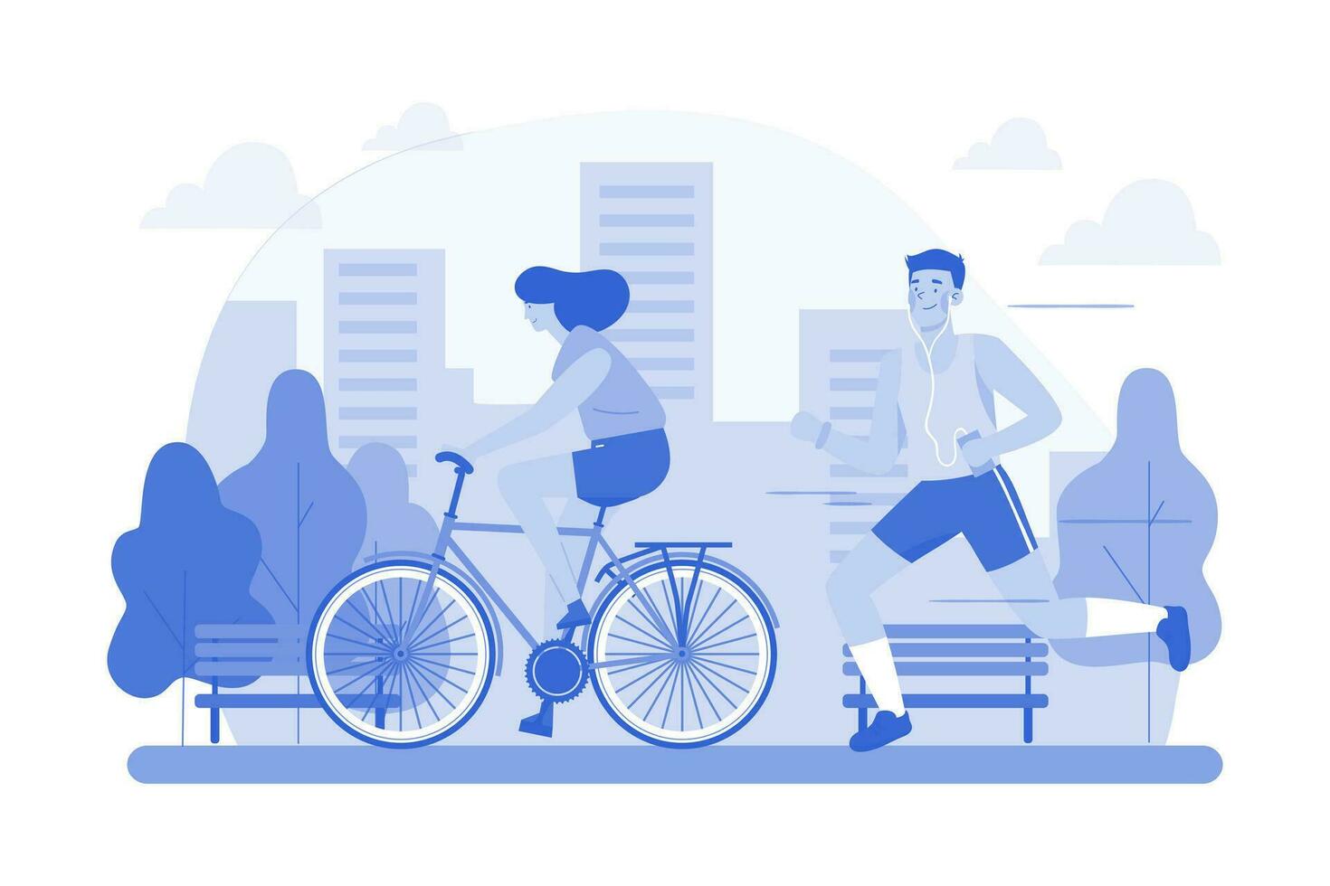 Couple Jogging And Cycling In The Park vector