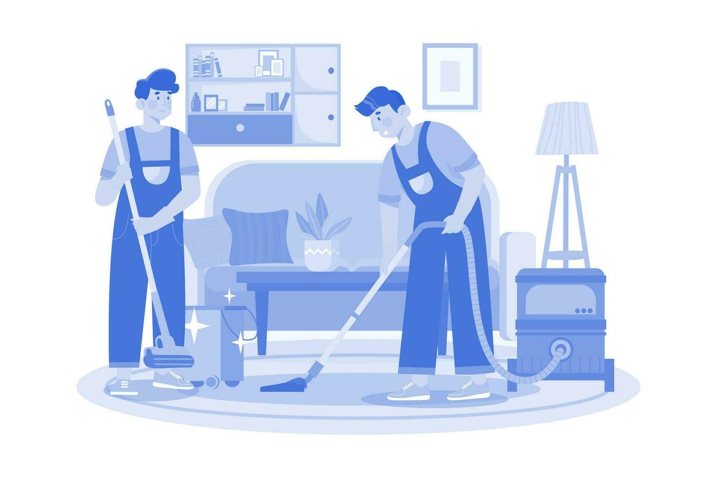 trabajador masculino haciendo aspiradora limpiando el piso en la sala de estar vector