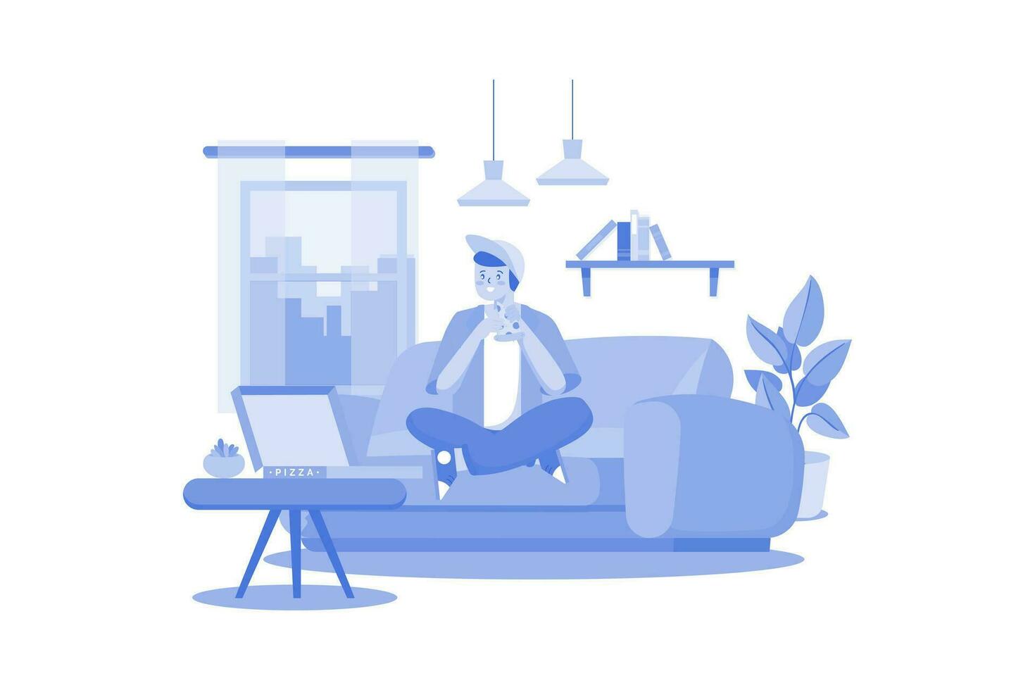 Boy Eating Pizza On Sofa vector