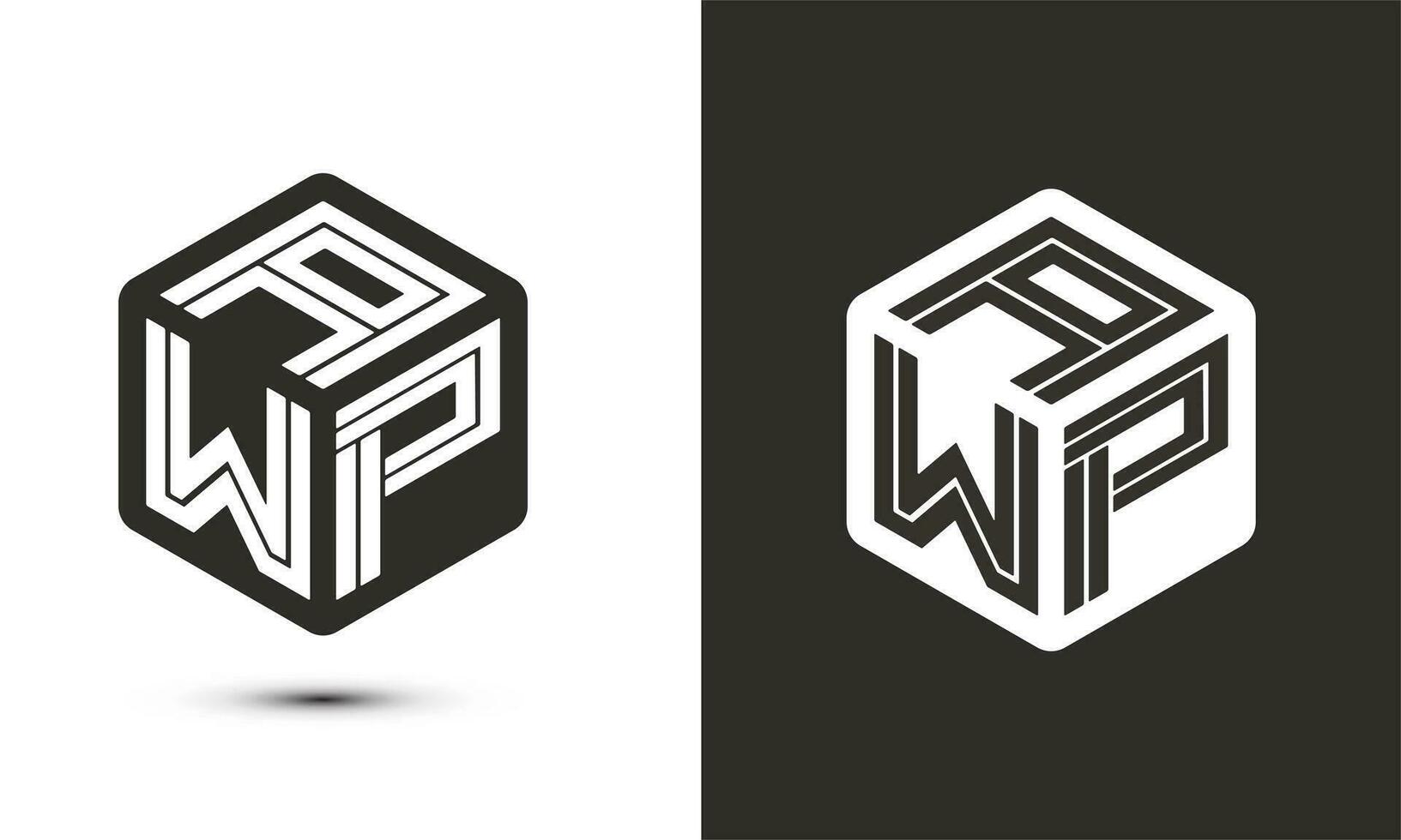 a w p letter logo design with illustrator cube logo, vector logo modern alphabet font overlap style. Premium Business logo icon. White color on black background