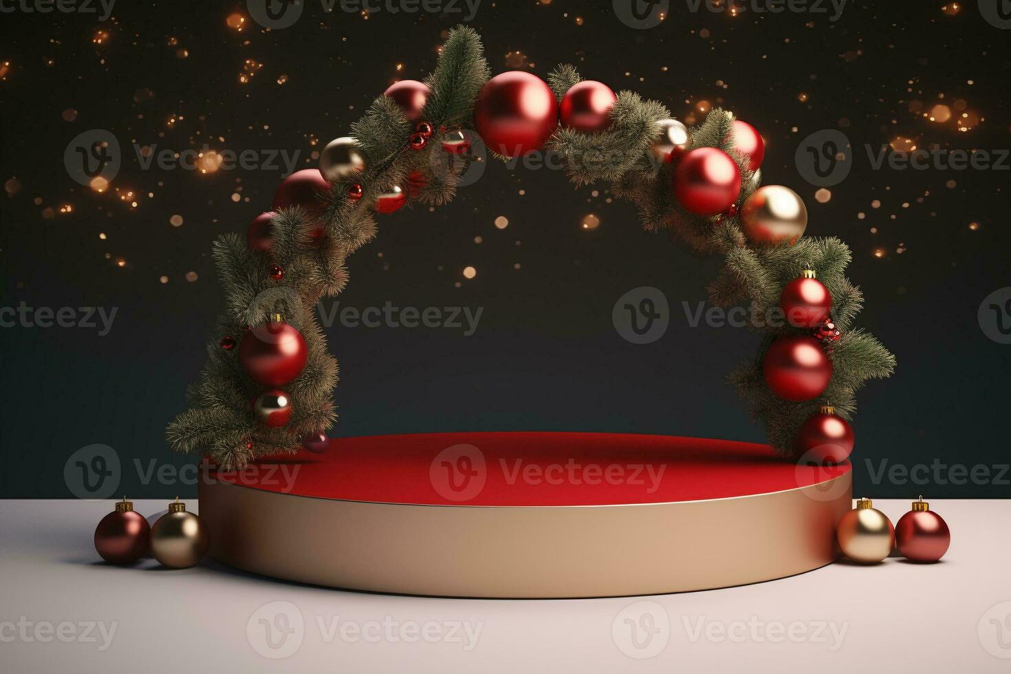 Elegant Stage Podium with Christmas Elements 3D Render for Festive Celebrations.Created with Generative AI technology. photo